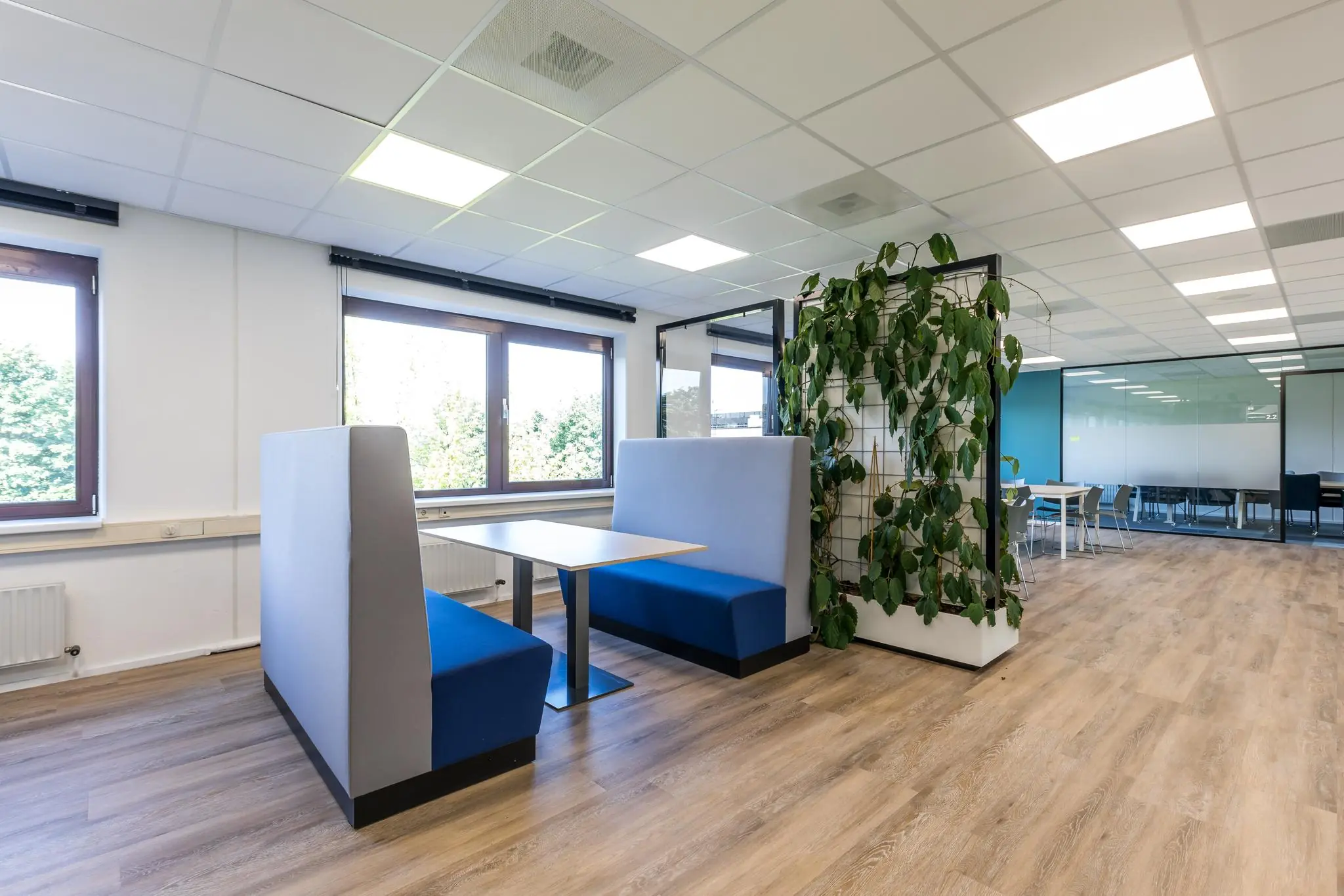 Moderne kantoorruimte aan de Baarnsche Dijk met een zitgedeelte, houten vloer en groene plantenwand.